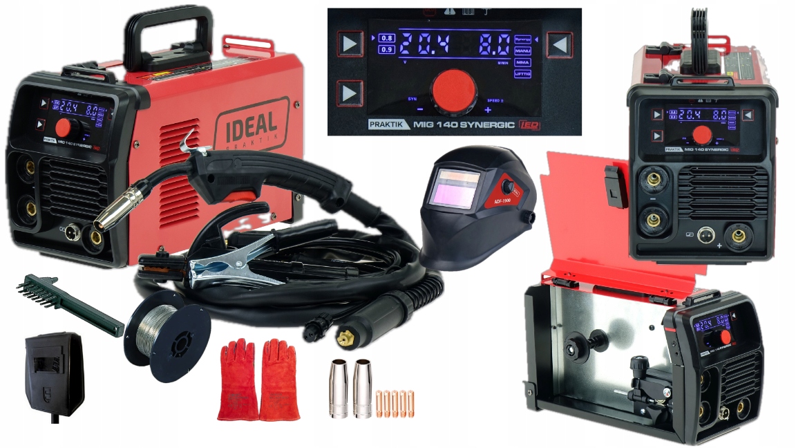 Spawarka Ideal Mma 2in1 Praktik Mig 140 Synergic Led Migomat Flux Zestaw