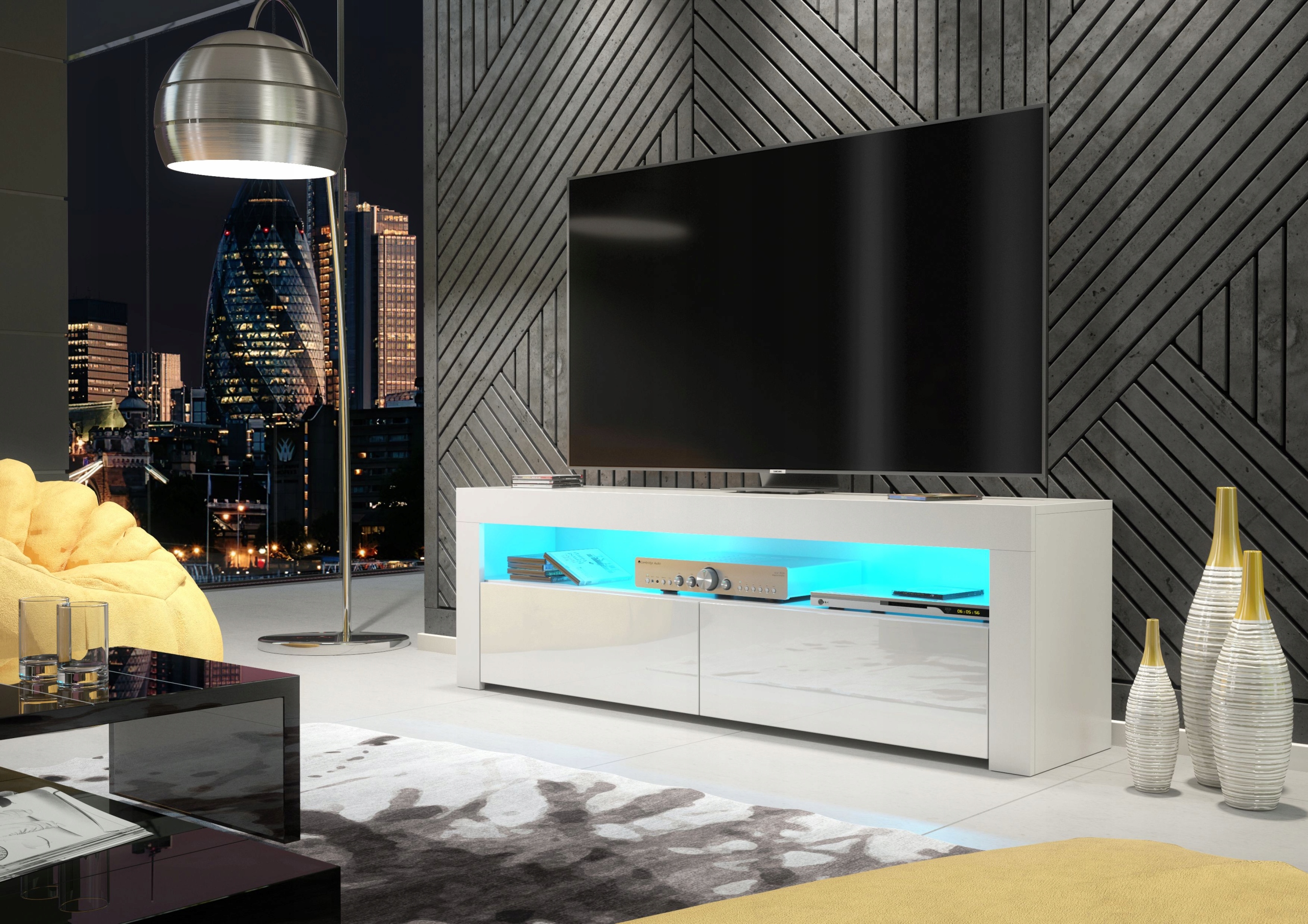 KOMODA STOLIK SZAFKA BIAŁY/BIAŁY POŁYSK RTV + LED Kolekcja RTV