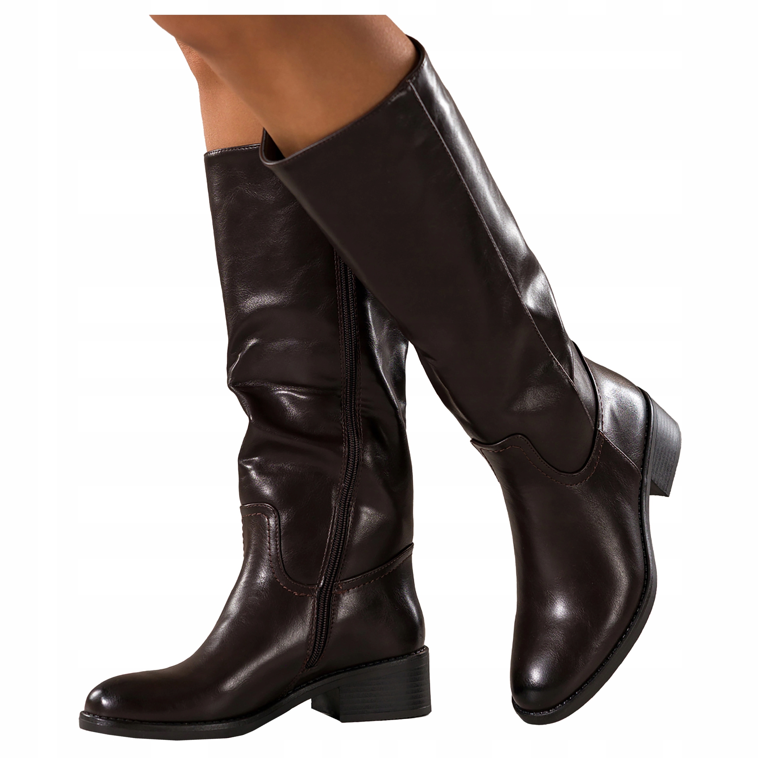 Kozačky Čokoládové Dámské Pohodlné Nízký Podpatek Před Koleno Módní r 41