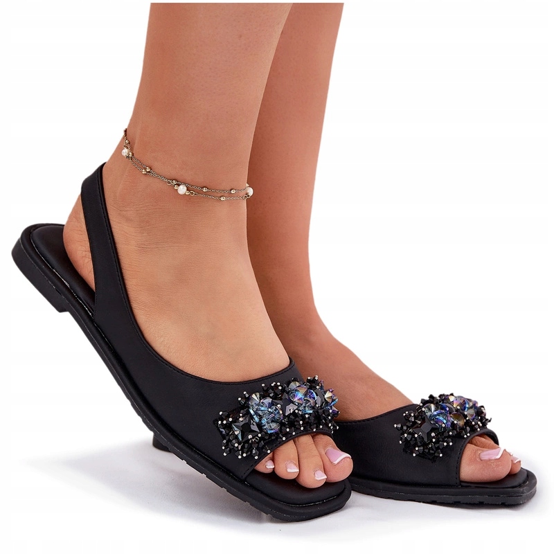 Dámské Sandály Eko Kůže Křišťály Ploché S.barski KV51-079 Černé 36