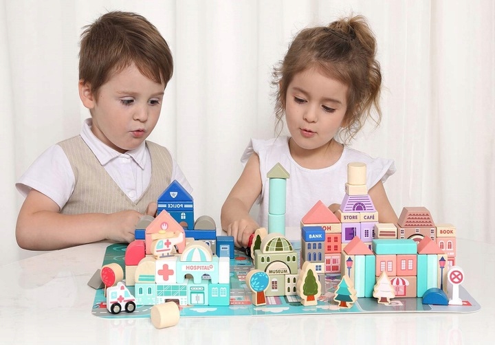 DREWNIANE KLOCKI EDUKACYJNE ZESTAW MIASTO 115 el Materiał drewno inny