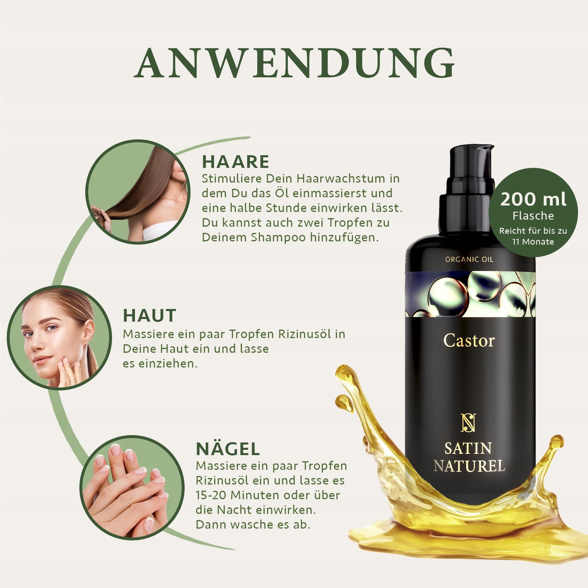SATIN NATUREL Olej Rycynowy Bio Zimnotłoczony Do Włosów Rzęs Brwi 200ml — miniatura 7