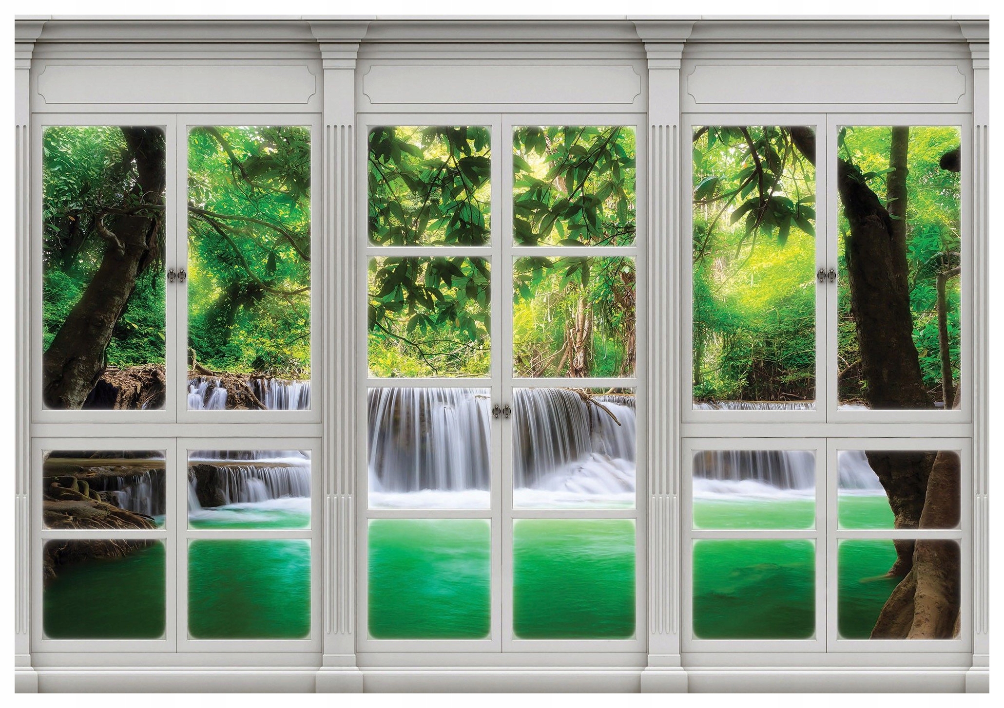 Fototapeta flizelina Tropický vodopád za oknem se zelení 208x146 lepidlo