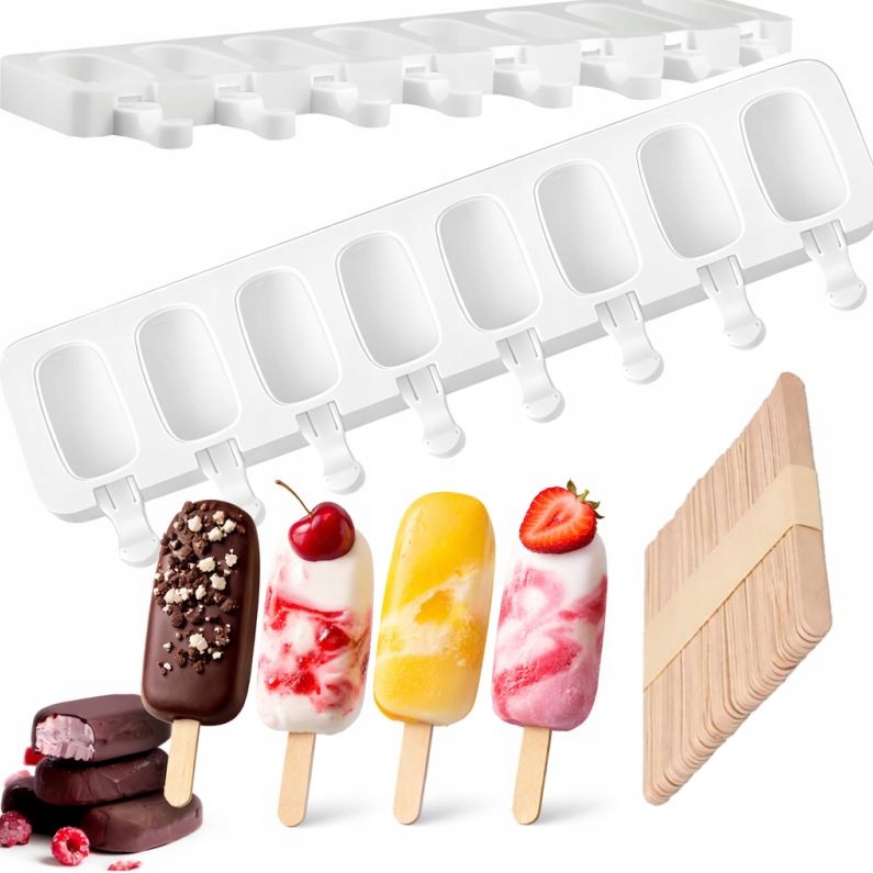 FORMA SILIKONOWA DO LODÓW FOREMKI FORMY LODY 8 GNIAZD+PATYCZKI 50 SZTUK