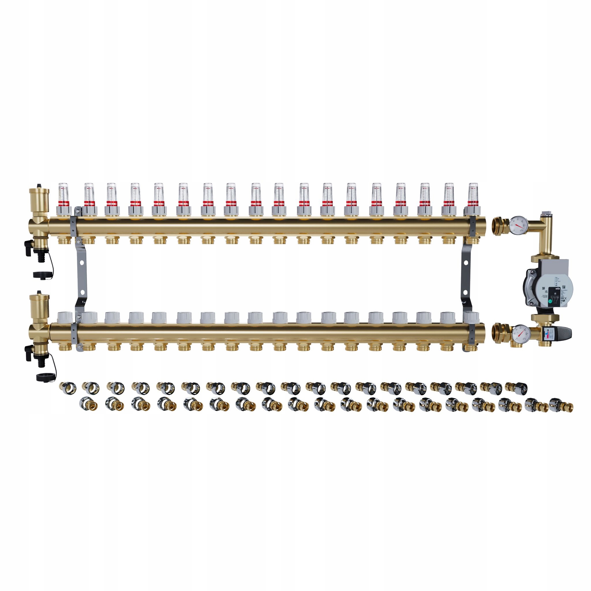 Rozdělovač pro podlahové topení 18 sekcí Spojky Pex Čerpadlo Wilo