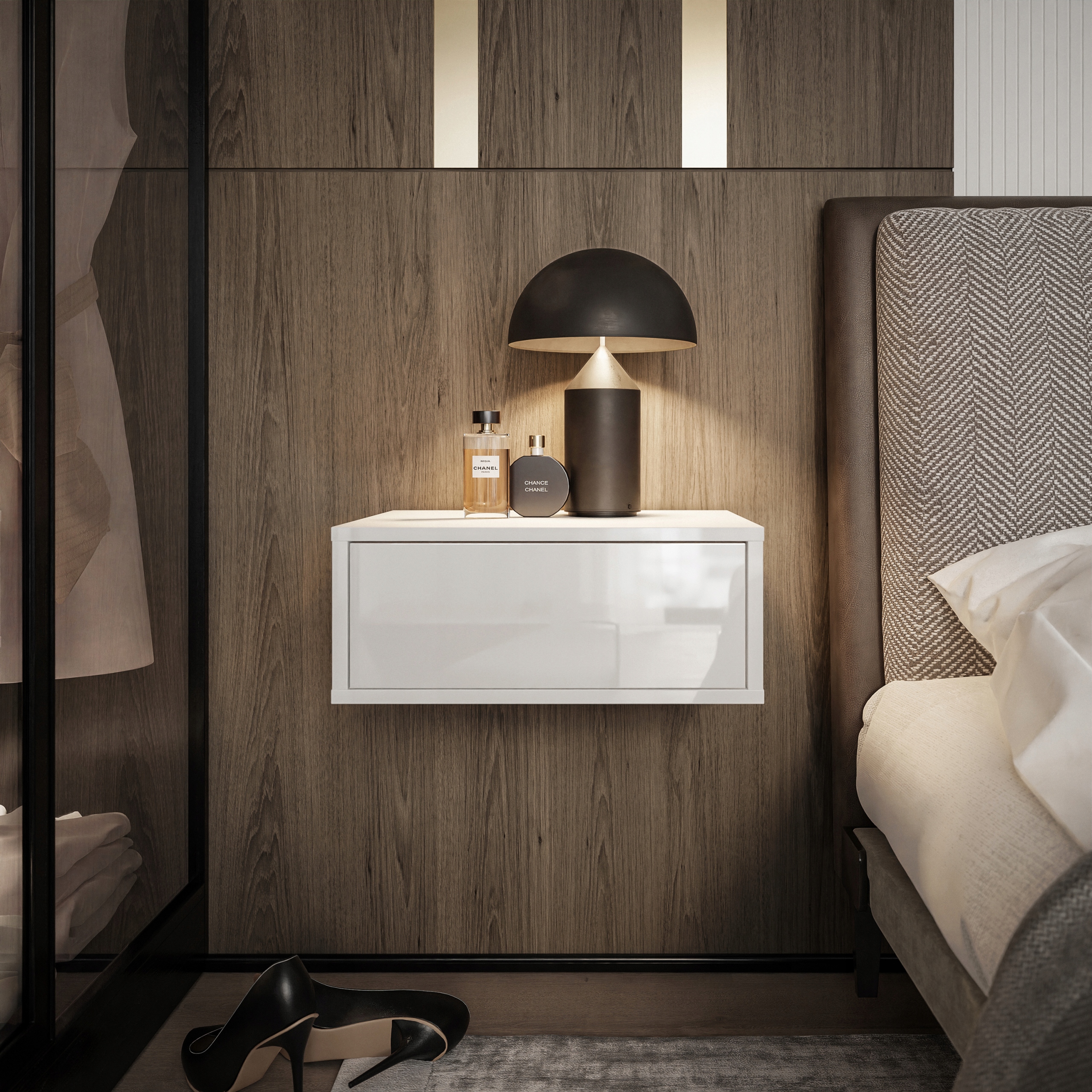 Stolik nocny wiszący BLANCO biały połysk push open Głębokość mebla 37 cm