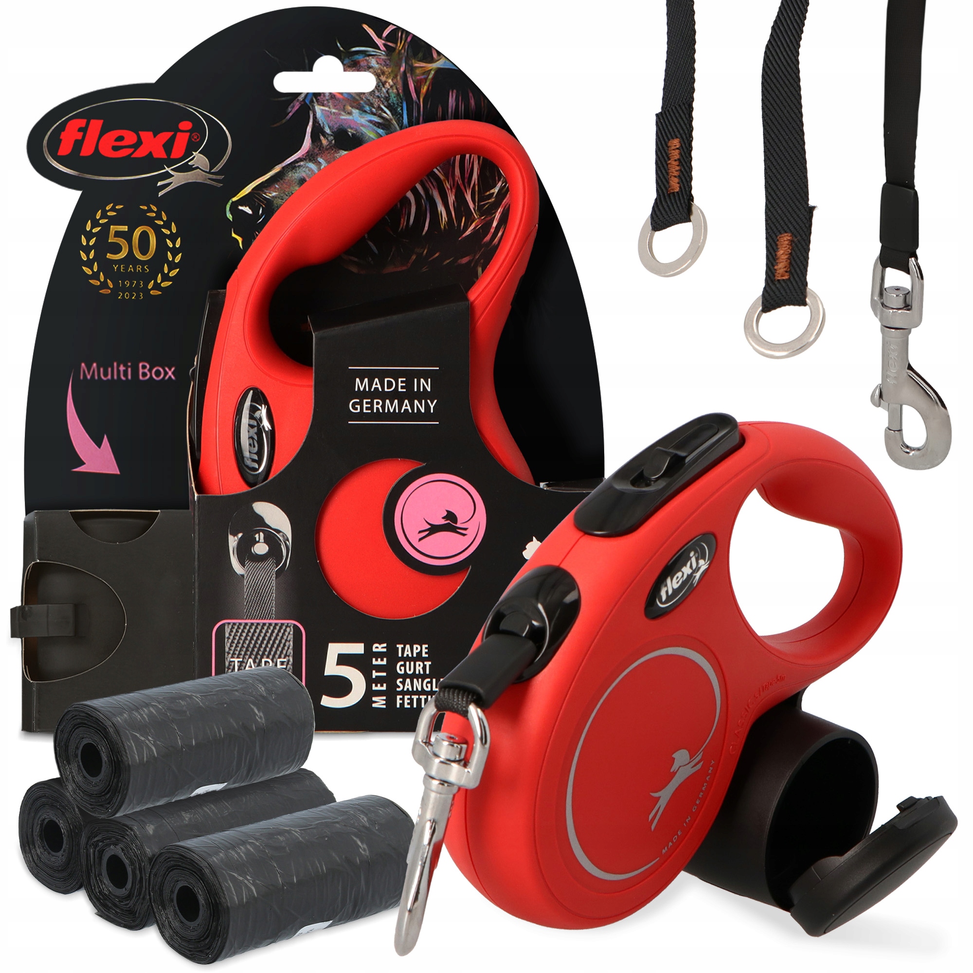 Levně Vodítko Flexi Automatické pro Psa Páska 5m Multi Box Pochoutky Sáčky x80