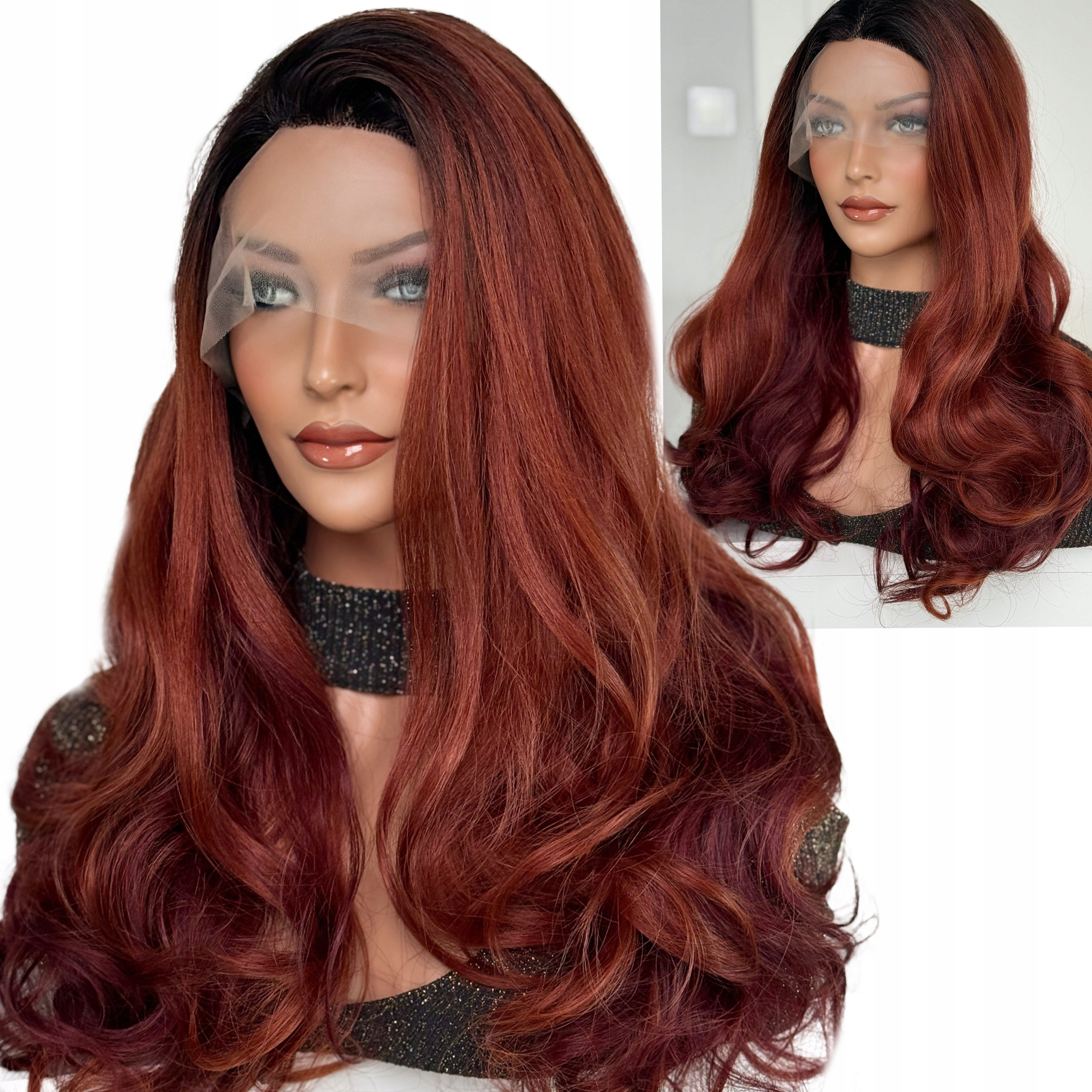 Paruka Lace Front RUD0 Červená Dlouhá Vlnitá s tmavým odrostem