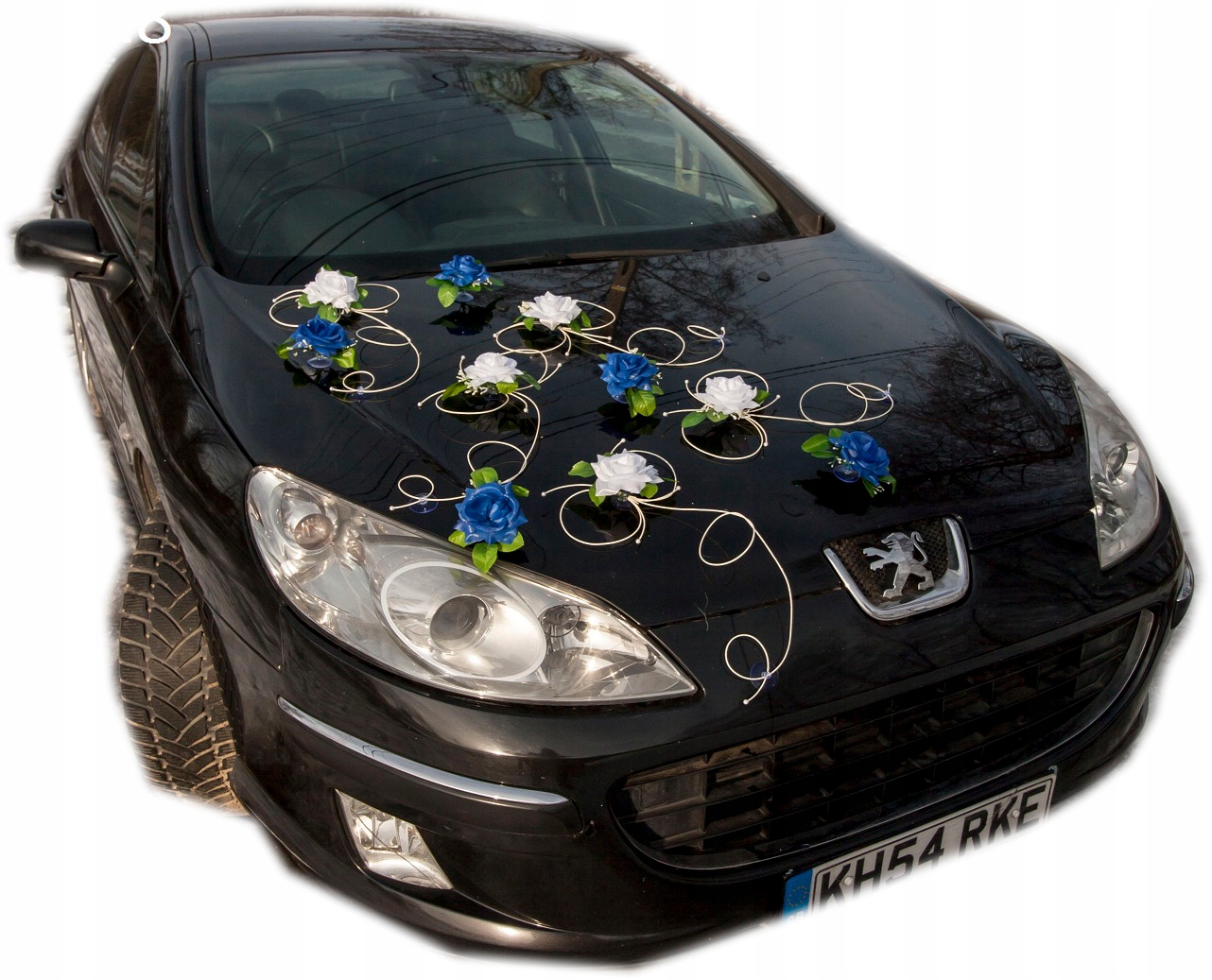 Bílo-chabrová dekorace na auto svatba 118