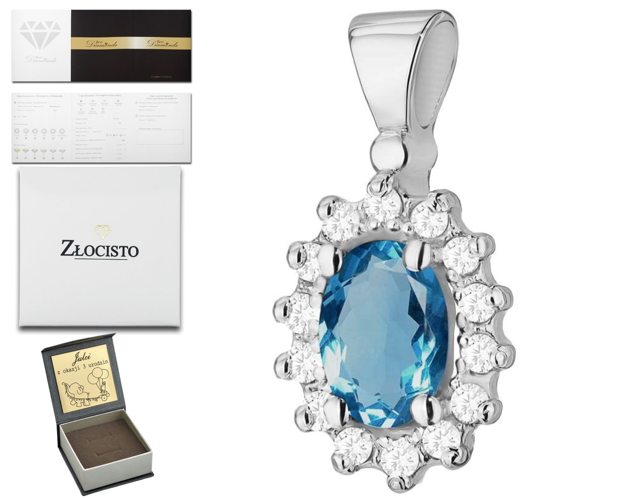 Bílé Zlato Přívěsek S Brilianty A Topazem London Blue 585 Dárek