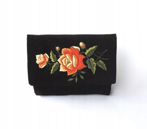 Černá Psaníčko S Rybářskou Výšivkou – Velká Oranžová Růže, Ruční Práce