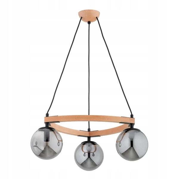 Závesná drevená trojitá lampa s dymovými sklenenými guľami do obývačky Alfa