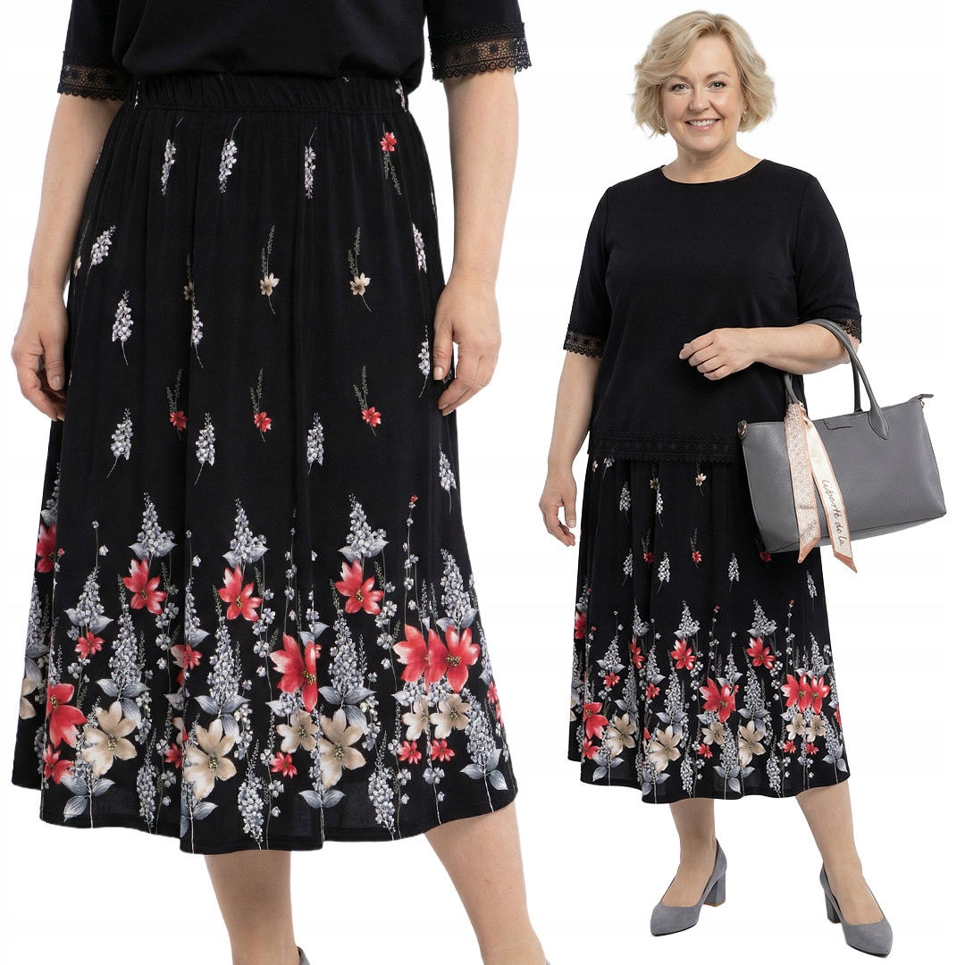 Černá sukně ve spodní části s červeno-béžovými květy a velikostí velikost 52/54