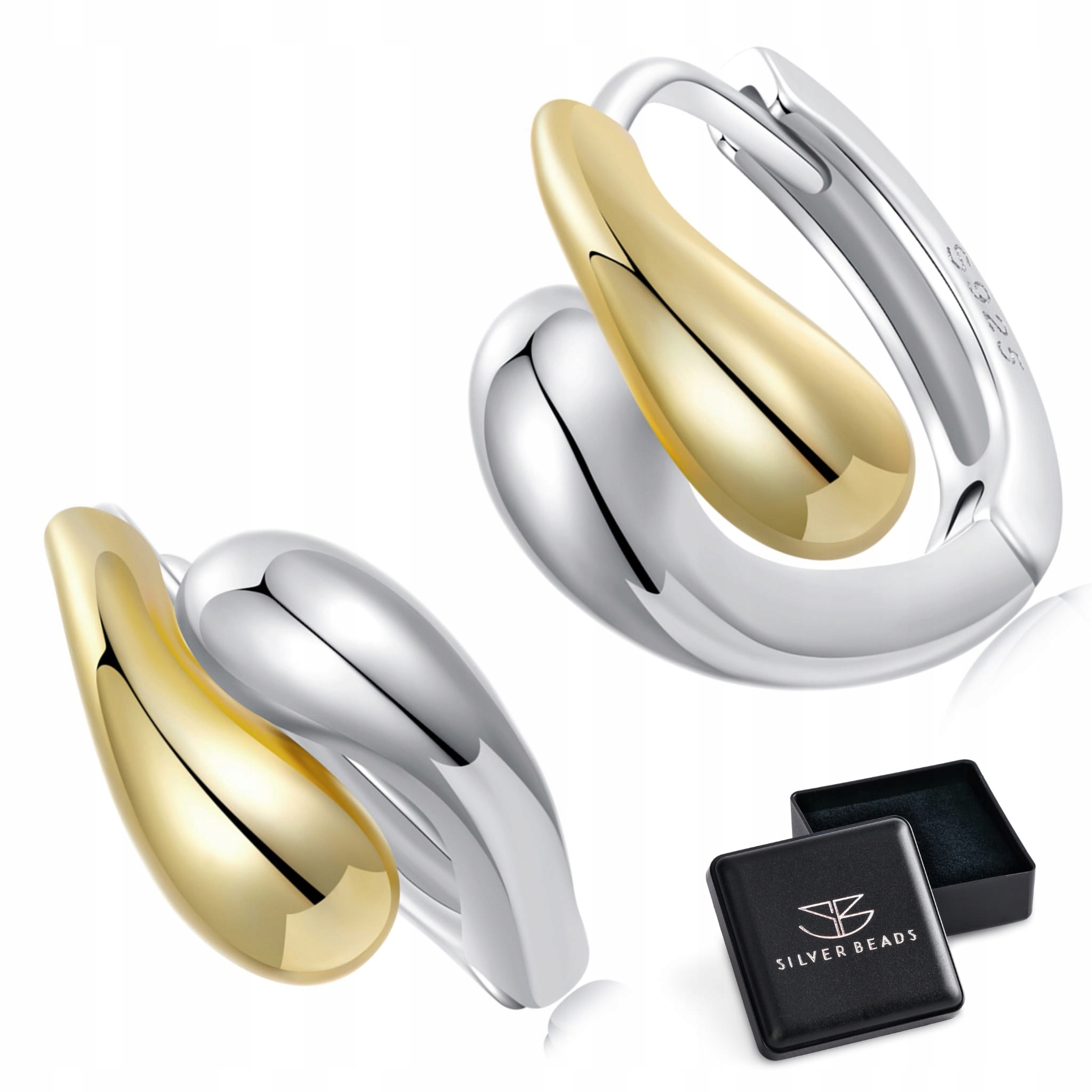 K990 Srebrne kolczyki dwukolorowe łezki koła zatrzaski srebro 925