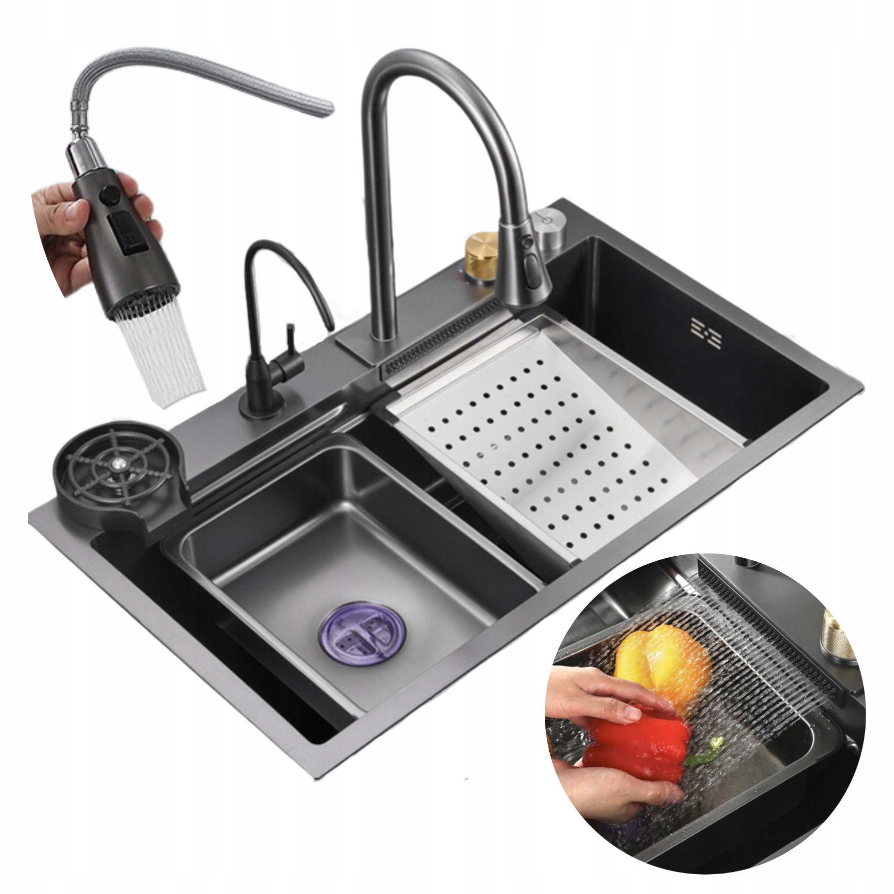 Jednokomorový Dřez Ocelový S Odkapávačem, Kuchyňský Set Černý
