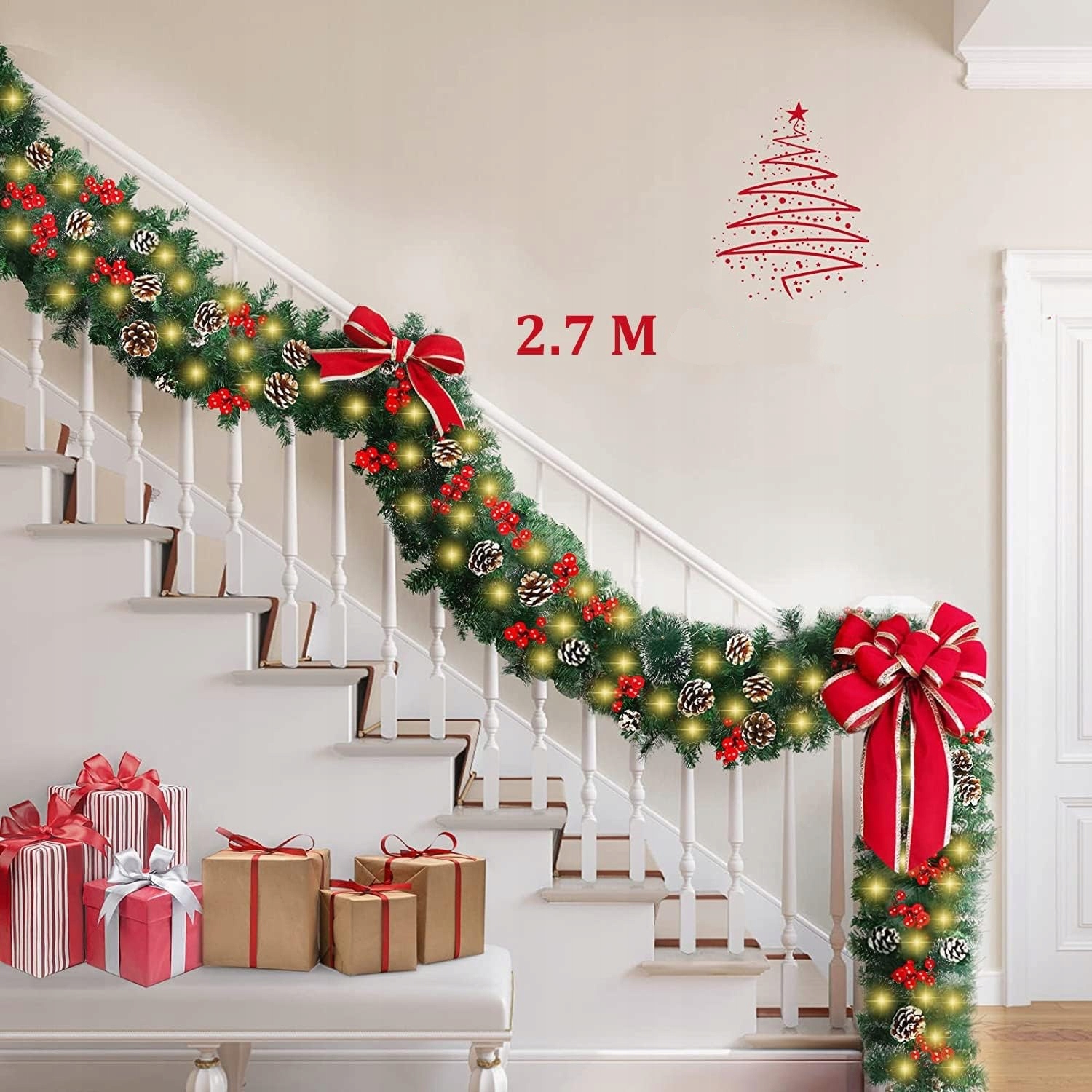 GIRLANDA ŚWIĄTECZNA CHOINKOWA z LAMPKAMI ŁAŃCUCH na SCHODY OKNO DRZWI 2,7m Marka Ruhhy