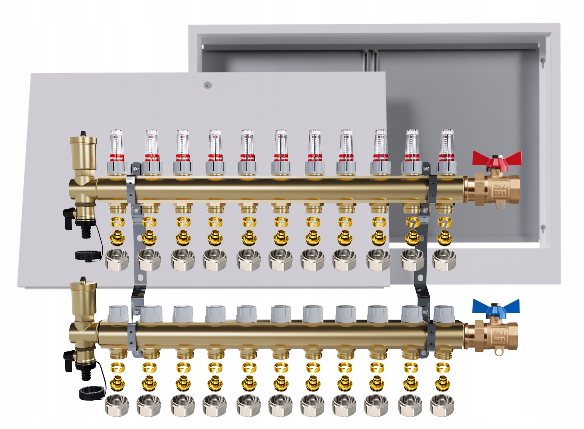 Mosazný rozdělovač podlahových krytin 11 okruhů skříňka jednoduchý ventil Pex