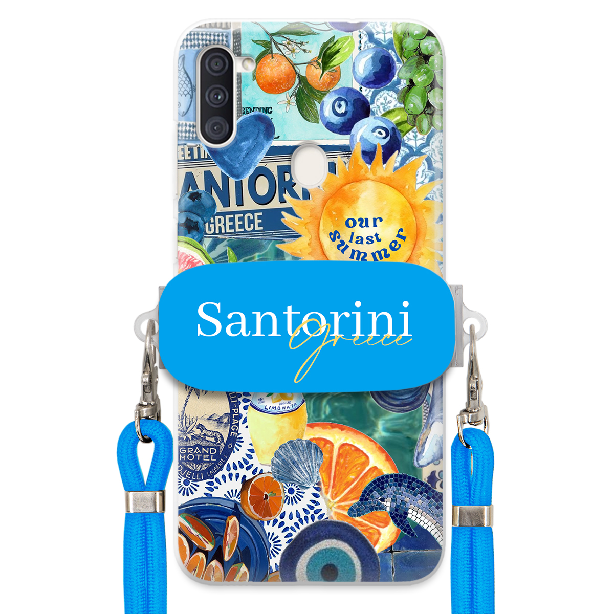 Puzdro pre Samsung M11 Modré Crossbody vodítko držiak Santorini Sea Vibes