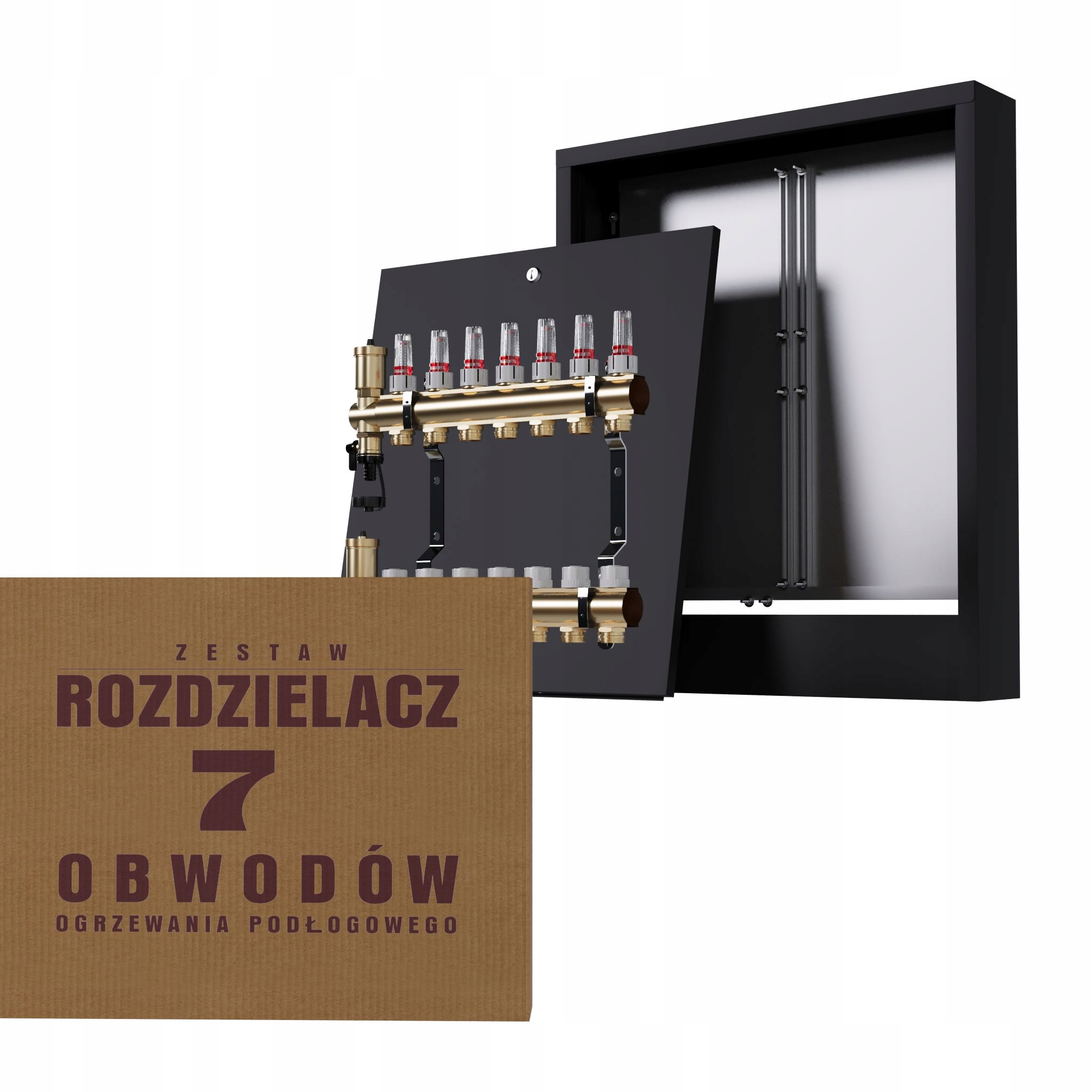 Rozdělovač na podlahu mosazný 7-okruhový a nástěnná skříňka černá