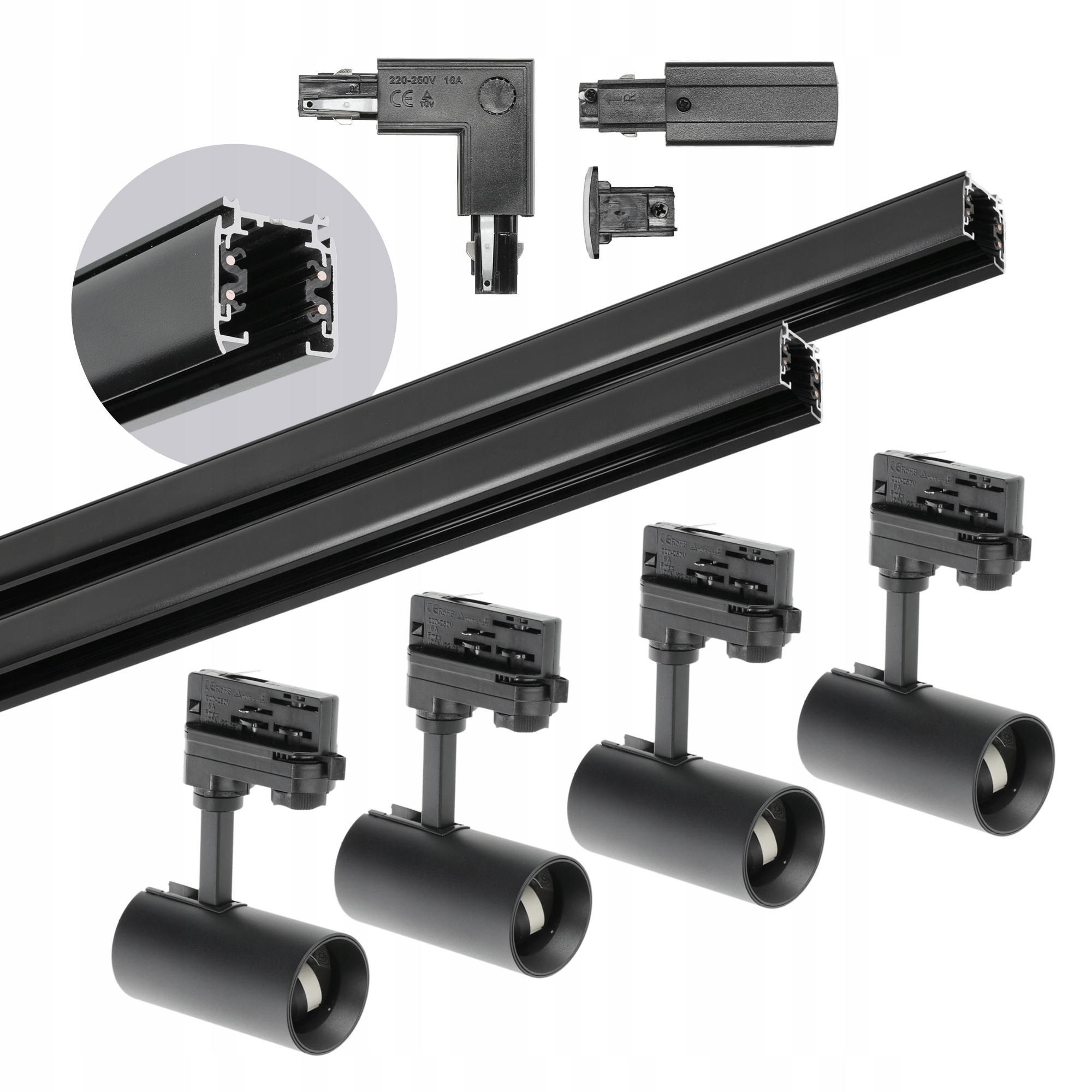 3-fázový kolejnicový set 4xLampa GU10 +1xkolejnice 1 m kolejnice 2 m spojka Černá