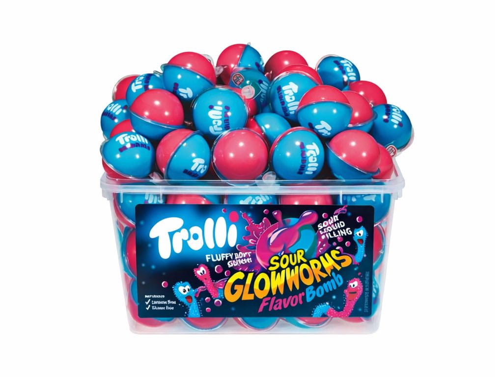 Levně Želé Bonbony S Náplní Trolli Sour Glowworms Flavor Bomb (188 G) 60 Ks