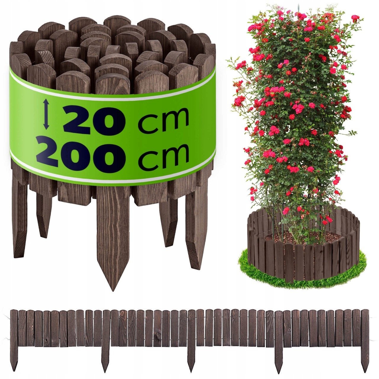 Záhonový Plot 200x20 cm Zahradní Dřevěný Obrubník Palisáda Antracit