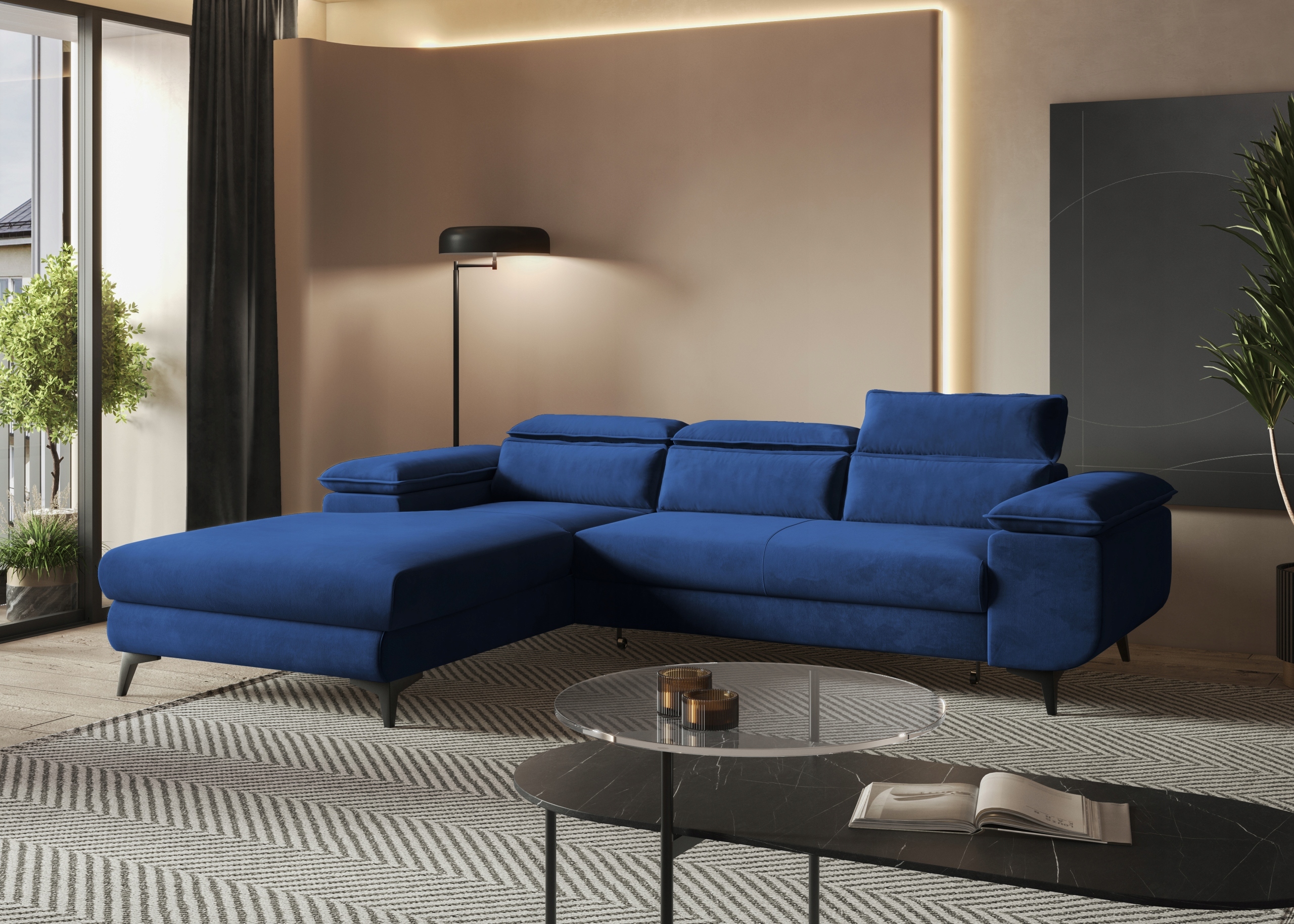 Velurový rohová sedací souprava s funkcí spaní Flat pro obývací pokoj na kovových nožkách