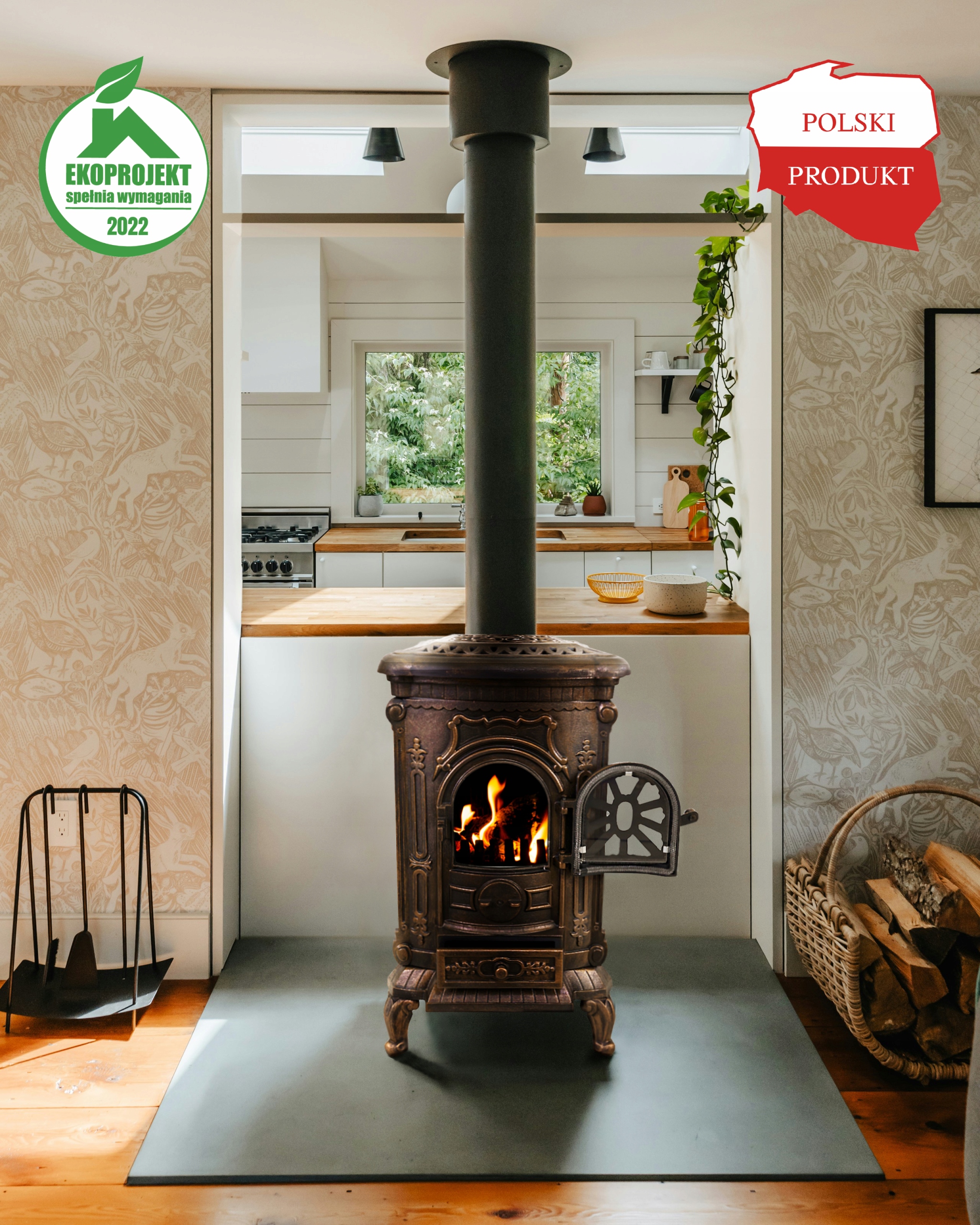 Piec wolnostojący Żeliwny Kominek Koza 9 kW Ingrid Ambra 81x46x38 Miedziany
