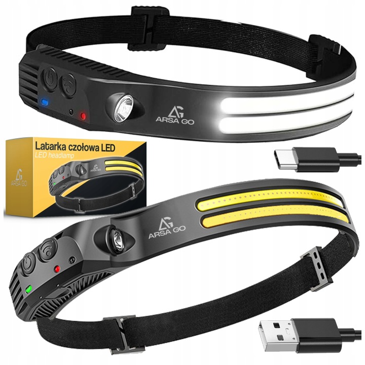 Latarka Czołowa Czołówka Led Akumulatorowa Usb Z Czujnikiem Ruchu 2 Paski