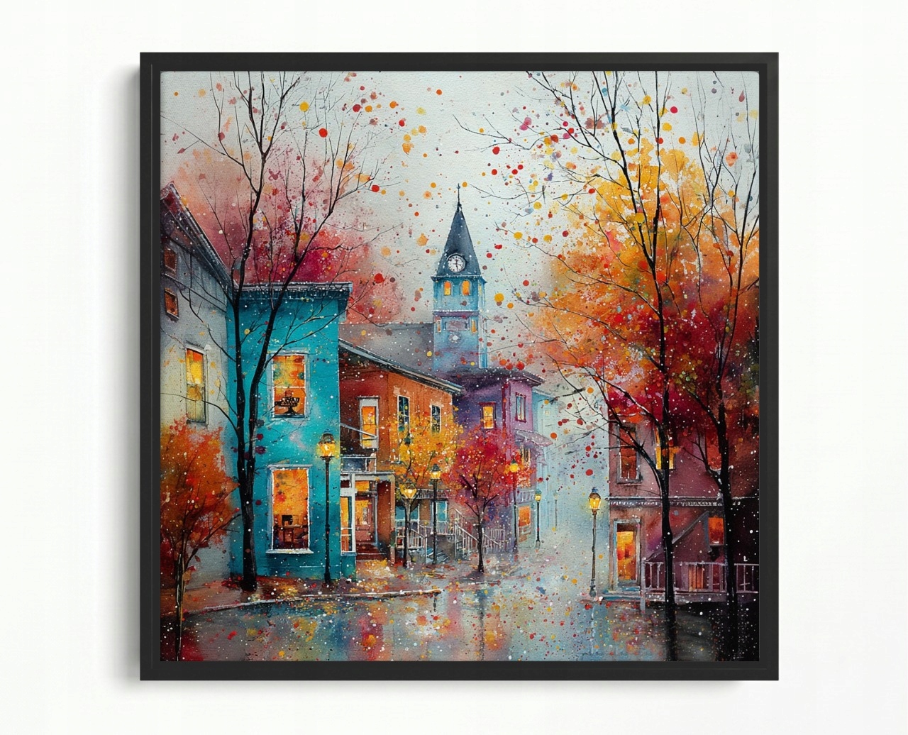 Obraz Rám Americká Krabička Akvarel Pohled Město Ulice Kamínky Podzim 60x60