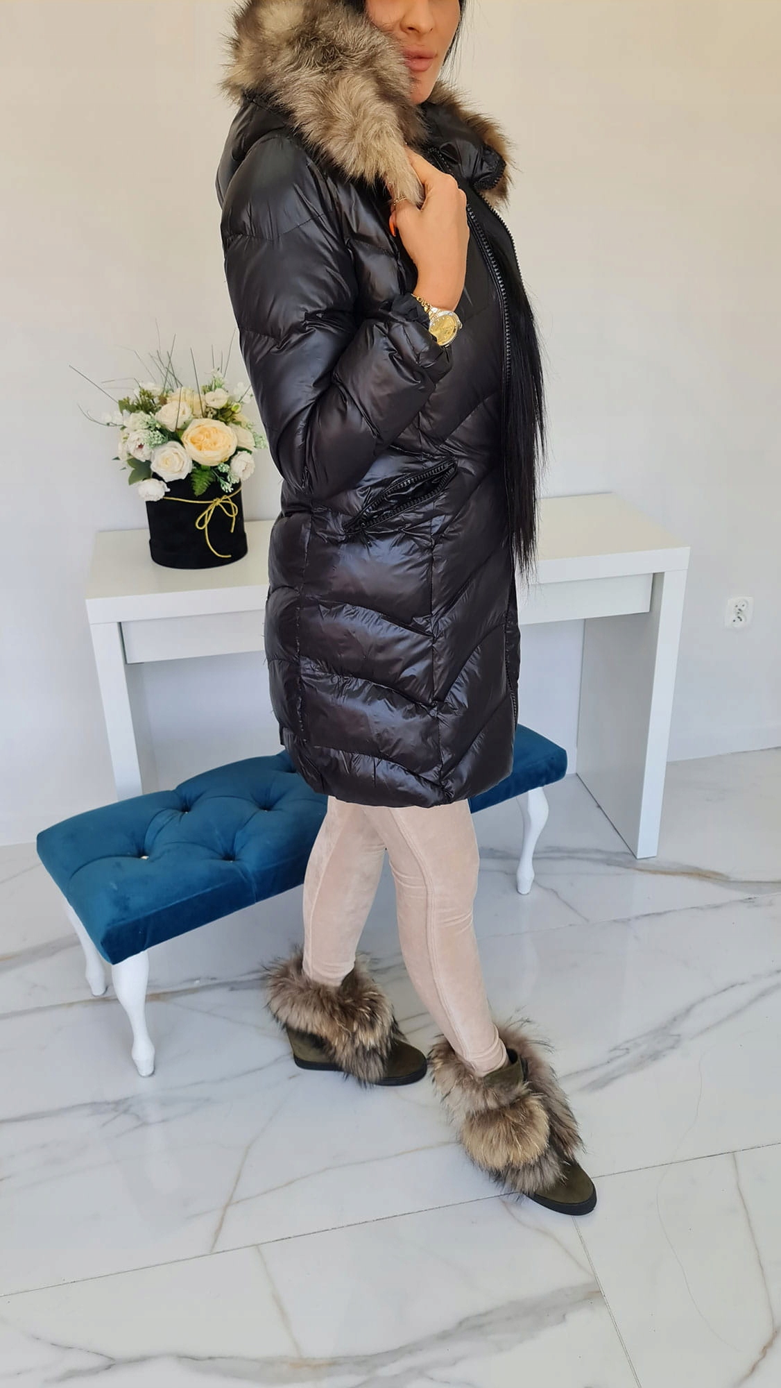 ZIMOWY PŁASZCZ BROOKLYN Z KAPTUREM-FUTREM JENOT L Wypełnienie syntetyczne