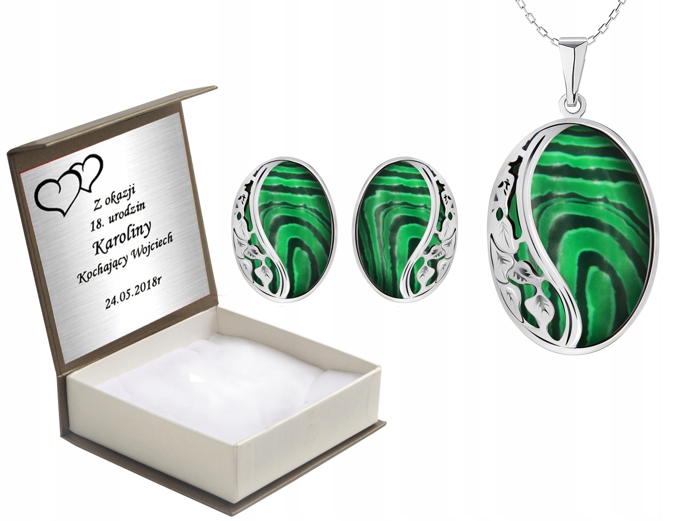 

Komplet Biżuterii Z Malachitami Klipsy + Grawer