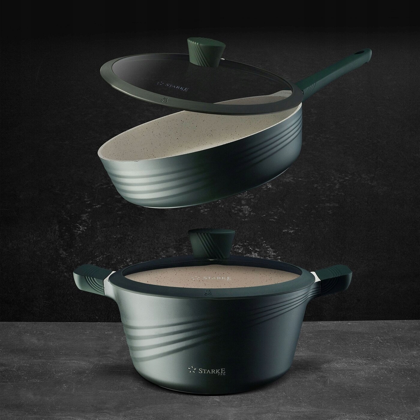 PREMIUM zestaw GARNKI INDUKCJA PATELNIA GŁĘBOKA RONDEL pokrywki NATURALE Marka Starke Pro