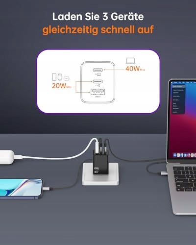 NOVOO 67W USB C Ładowarka 3-Port GaN III Szybkie Ładowanie MacBook iPhone — miniatura 3