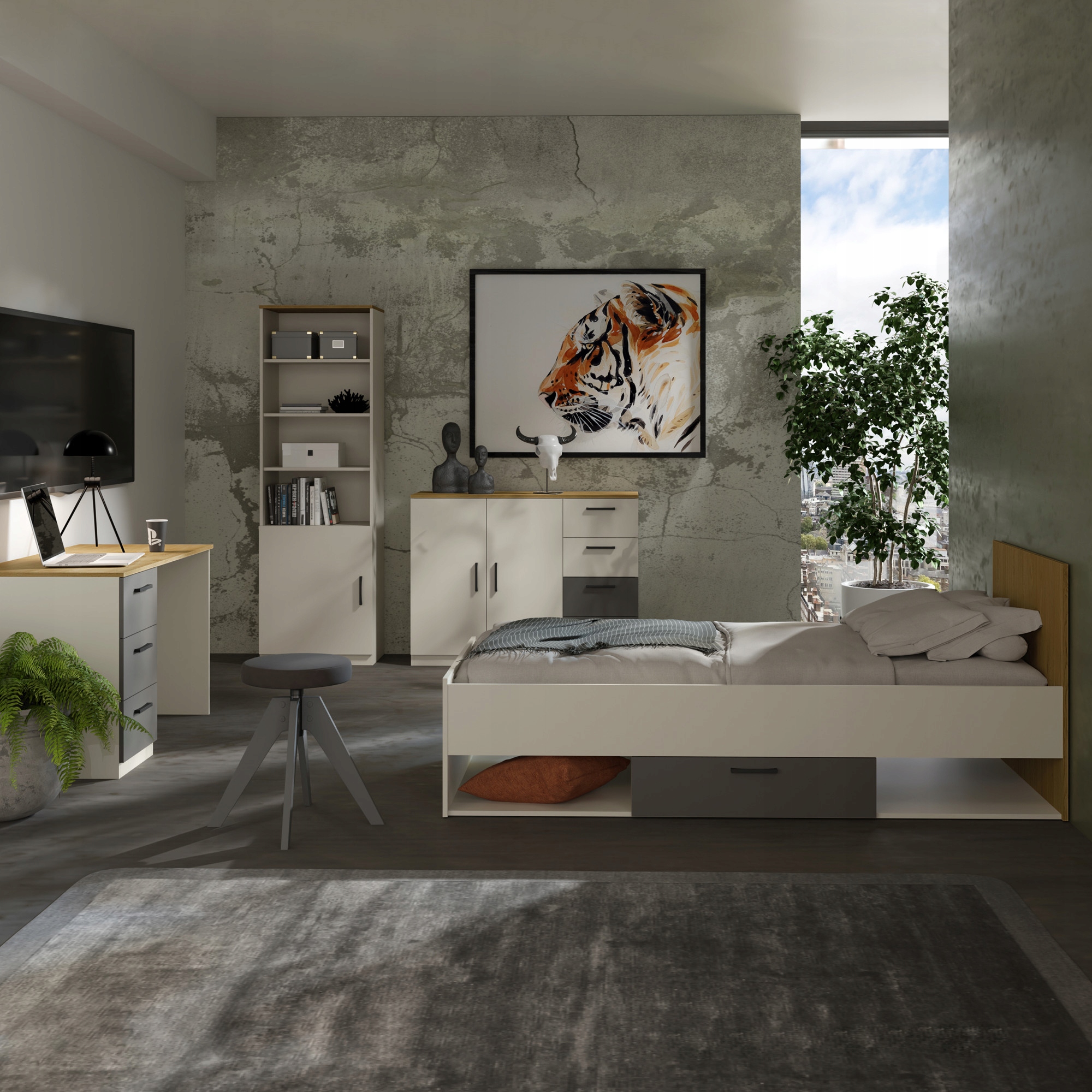 Łóżko młodzieżowe z szufladą Billz 90x200 Kaszmir/Dąb Cremona