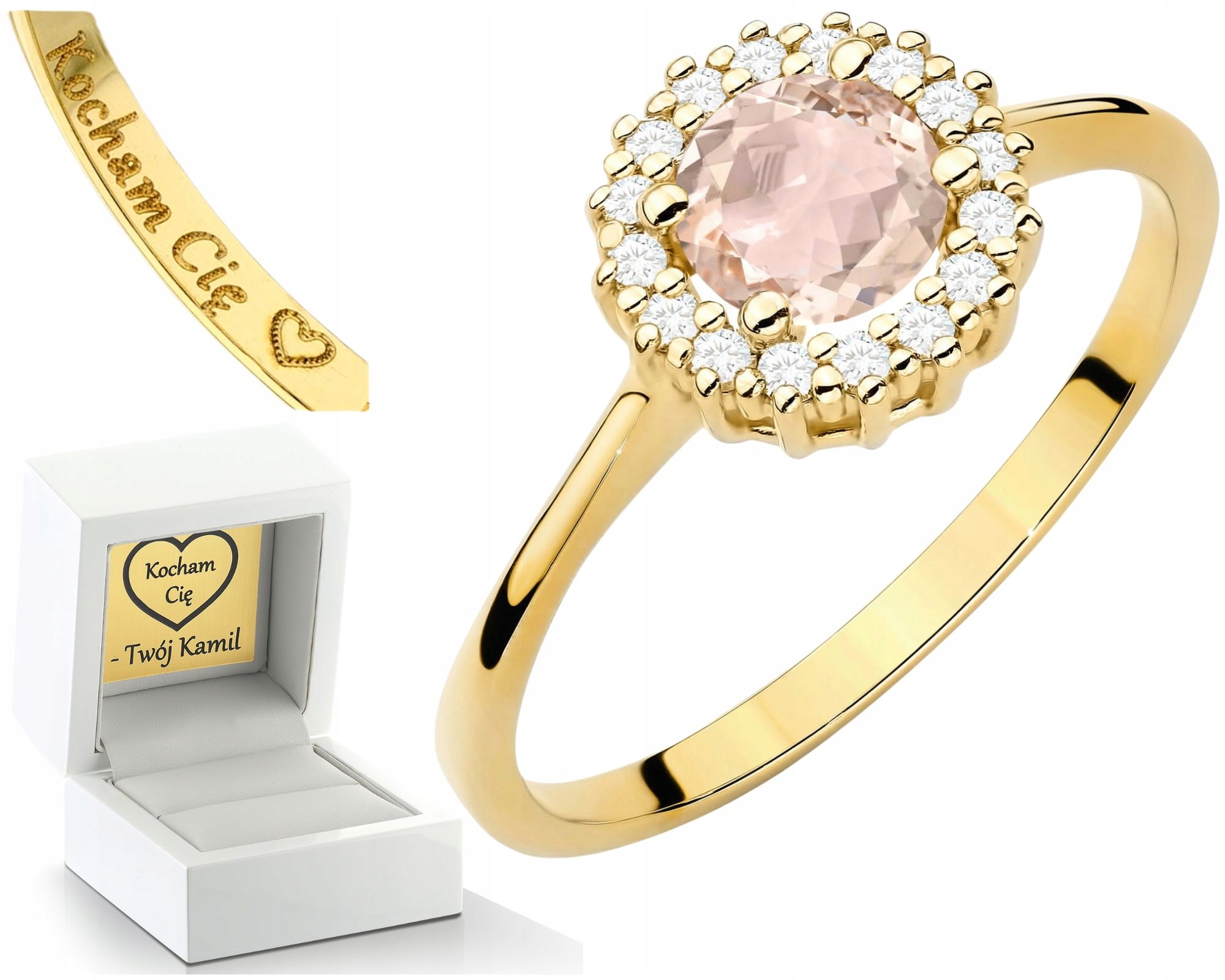 Zlatý Prsten S Přírodním Kámenem Morganitem A Diamanty, Prstýnek Gravírování Dárek