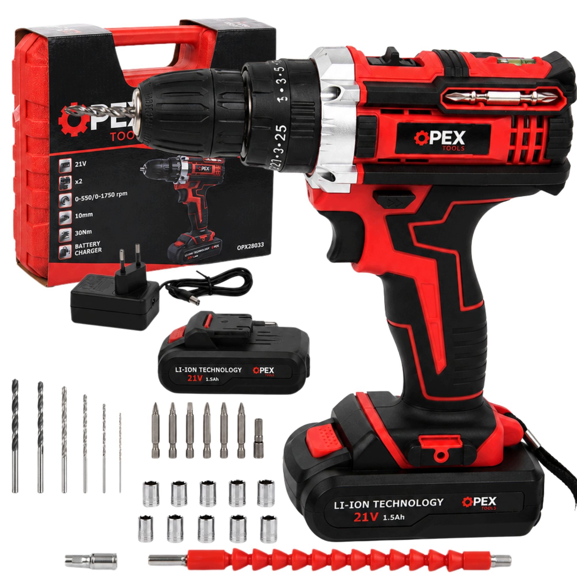 Opex Tools 28033 Aku příklepová vrtačka-šroubovák 21 V, 2x baterie, kufřík