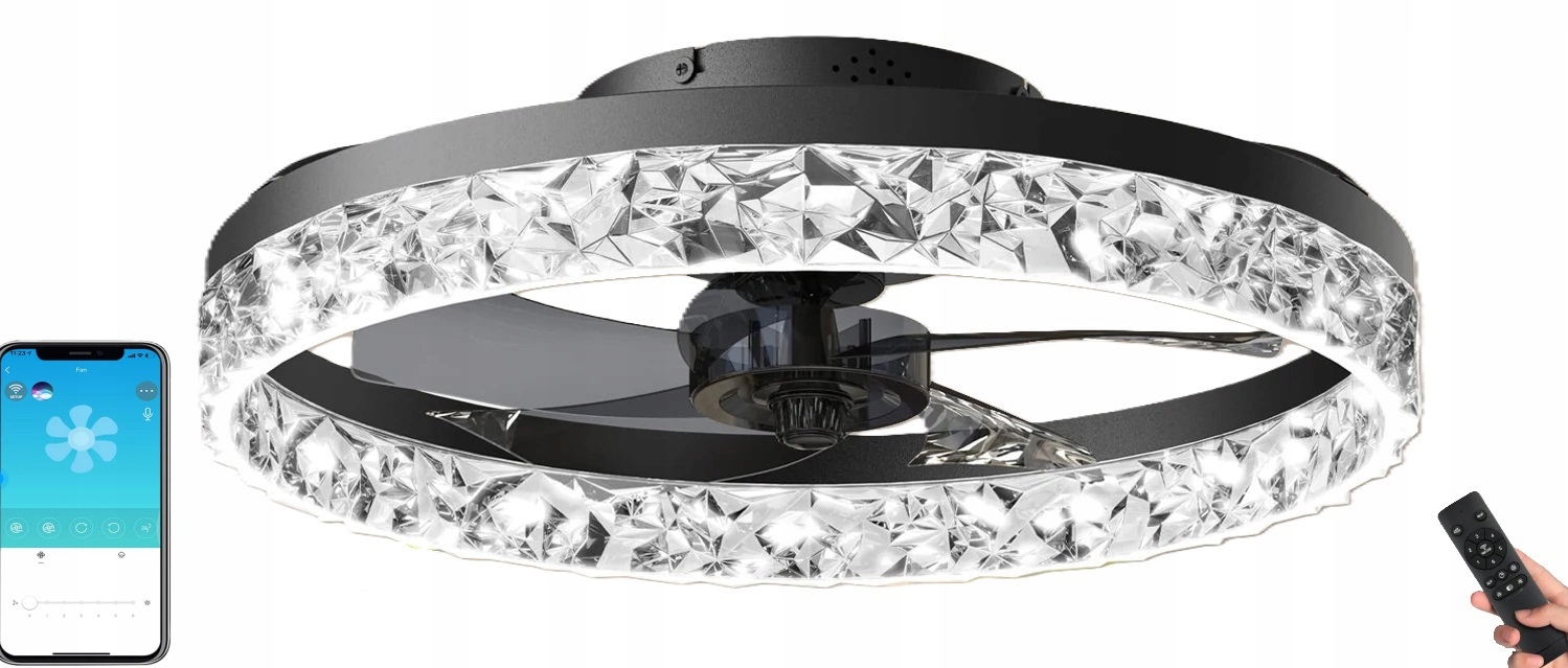 Led lampa s ventilátorom Krysti čierna diaľkový ovládač, aplikácia