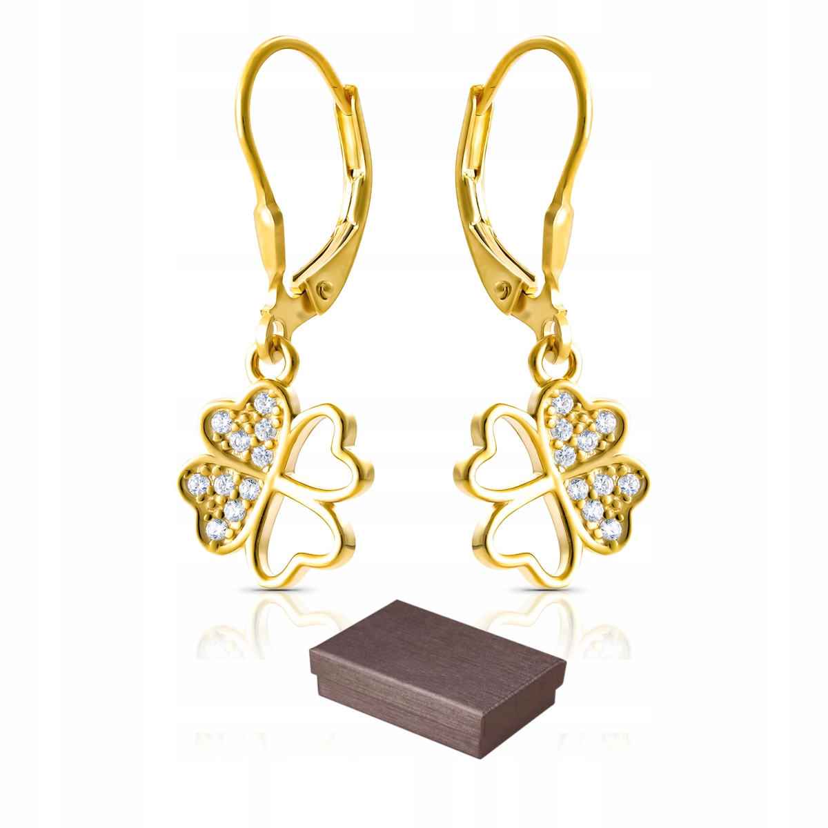 Kolczyki srebrne 925 wiszące koniczynka z cyrkoniami pozłacane 24K