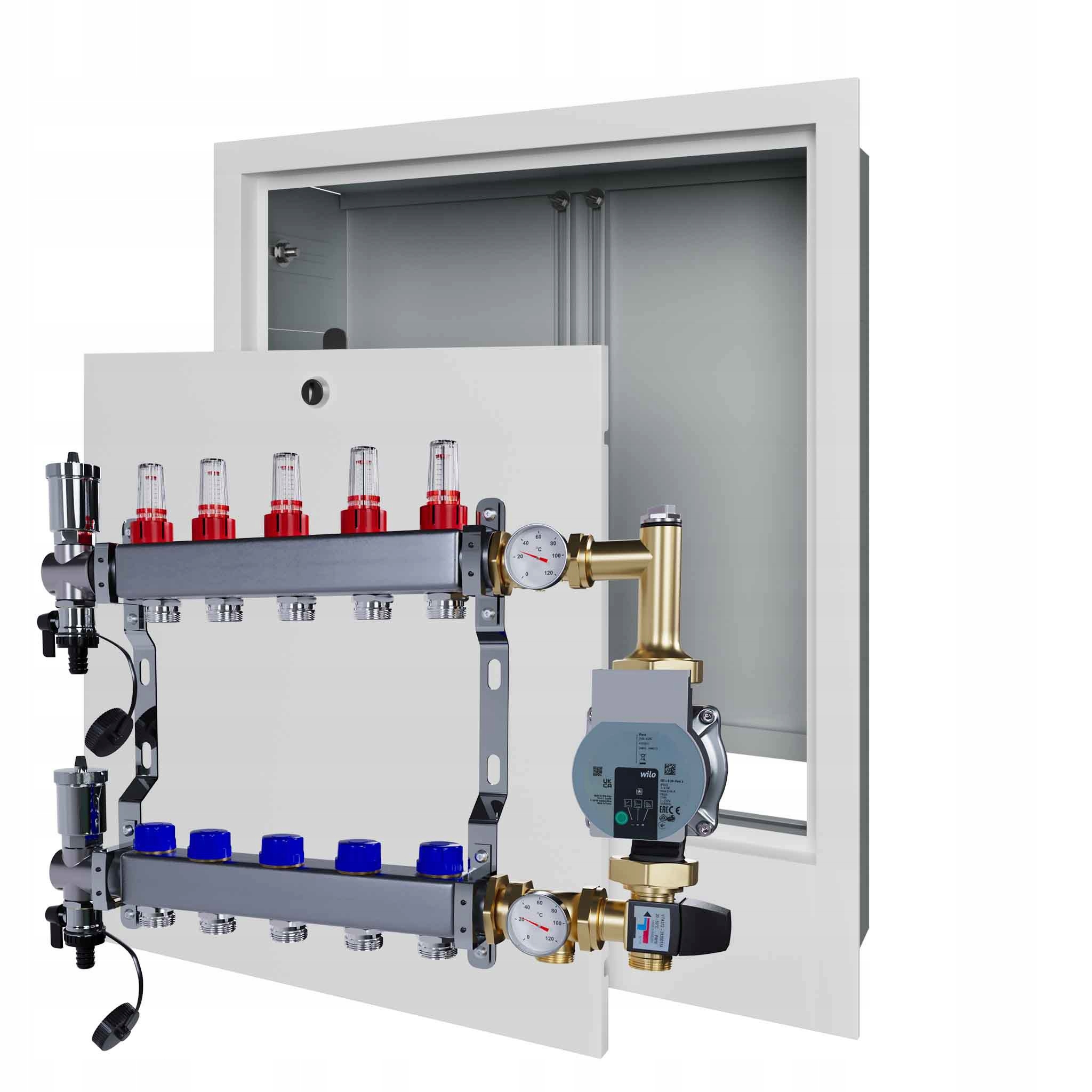 Nerezový rozdělovač pro podlahu 5 čerpadel Wilo a podomítkový box