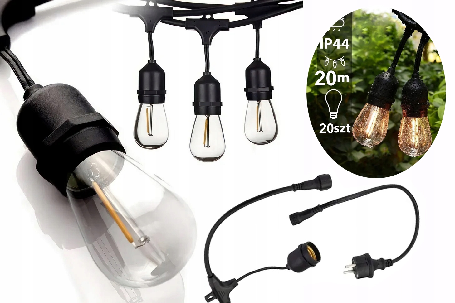 Síťová Girlanda 230V 20m zahradní řetěz 20x Led Žárovky E27 Ww