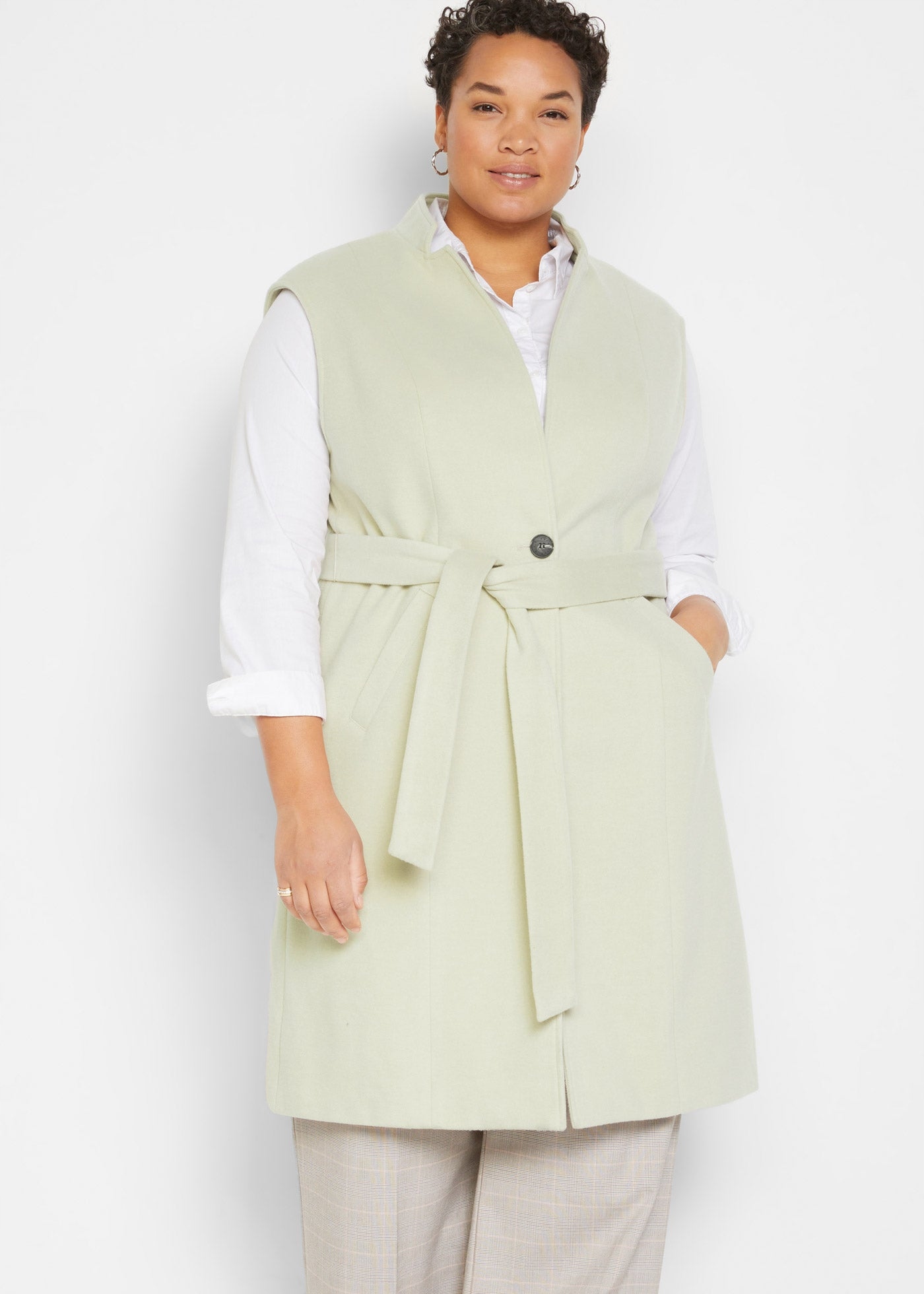 HA277 KAMIZELKA DAMSKA JESIENNA DŁUGA NA GUZIK Z PASKIEM FLAUSZ 40 ZIELONA Marka Bonprix