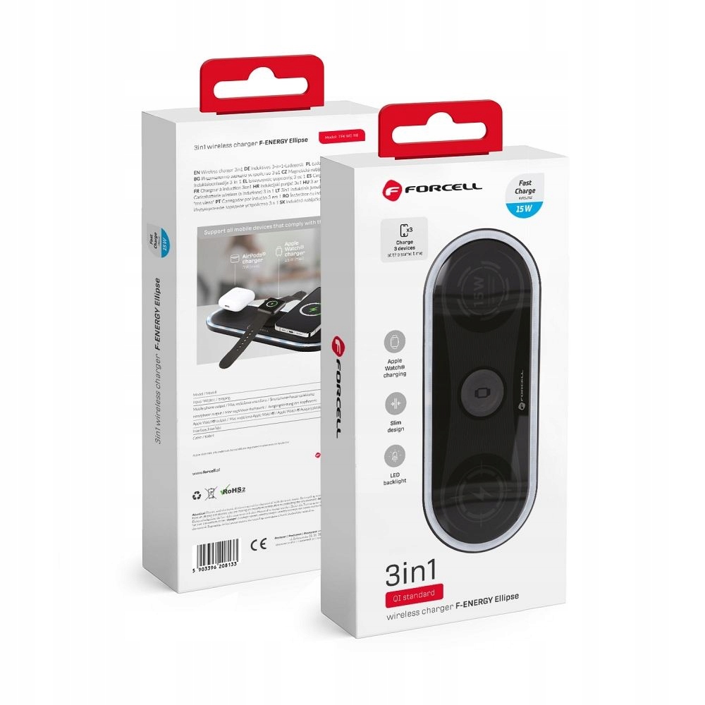 Indukční nabíječka Forcell F-Energy Ellipse 3v1 Qi Qc 15W kompatibilní s
