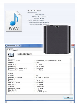 MINI DYKTAFON SZPIEGOWSKI SPY USB DETEKCJA 32GB Zasilanie akumulatorowe