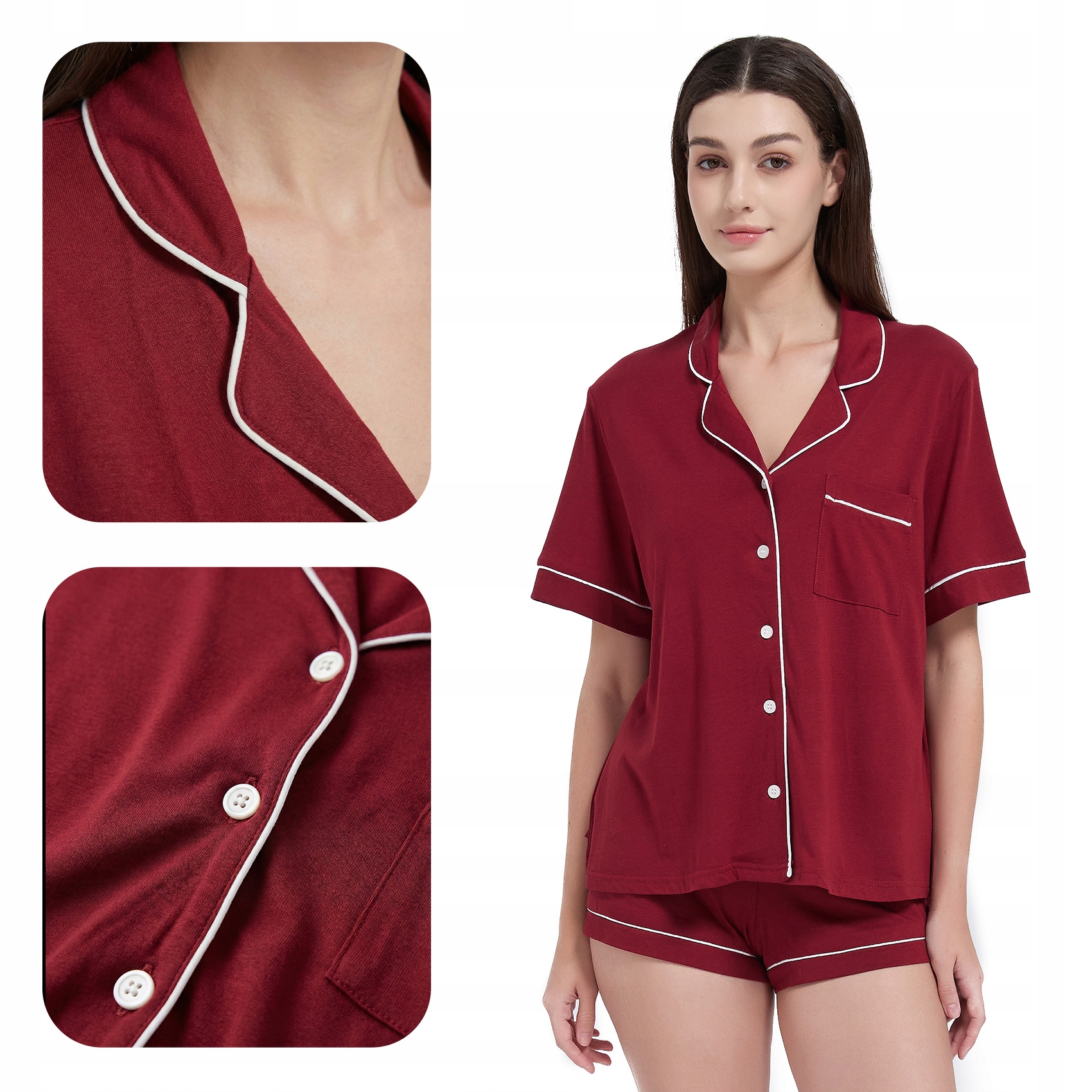 Elegantní Dvoudílné Pyžamo S Krátkým Vínovým Převlekem S Bílou Bizou