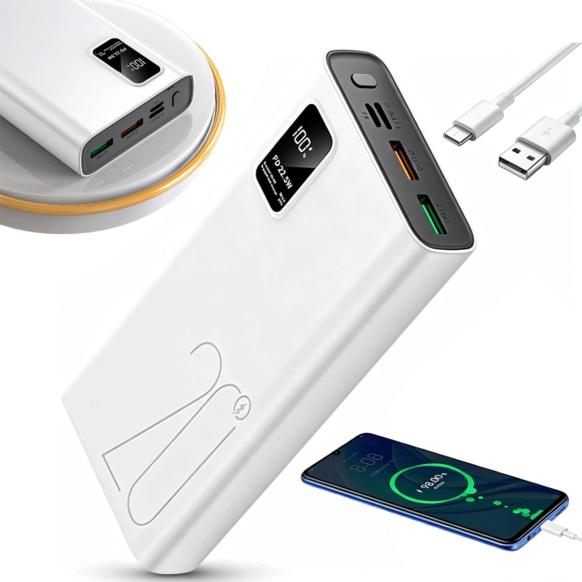 50000MAH Power Banka S Rychlým Nabíjením A Dvojitým Portem, Bílá