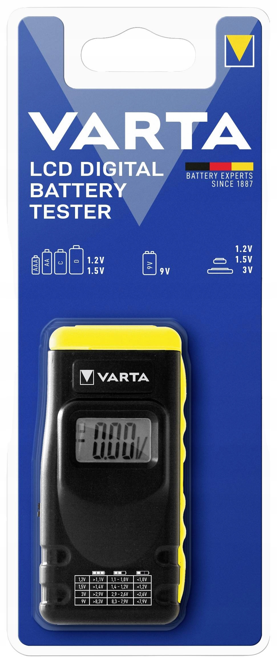 

Cyfrowy tester miernik LCD baterii Varta Aa 9V C D