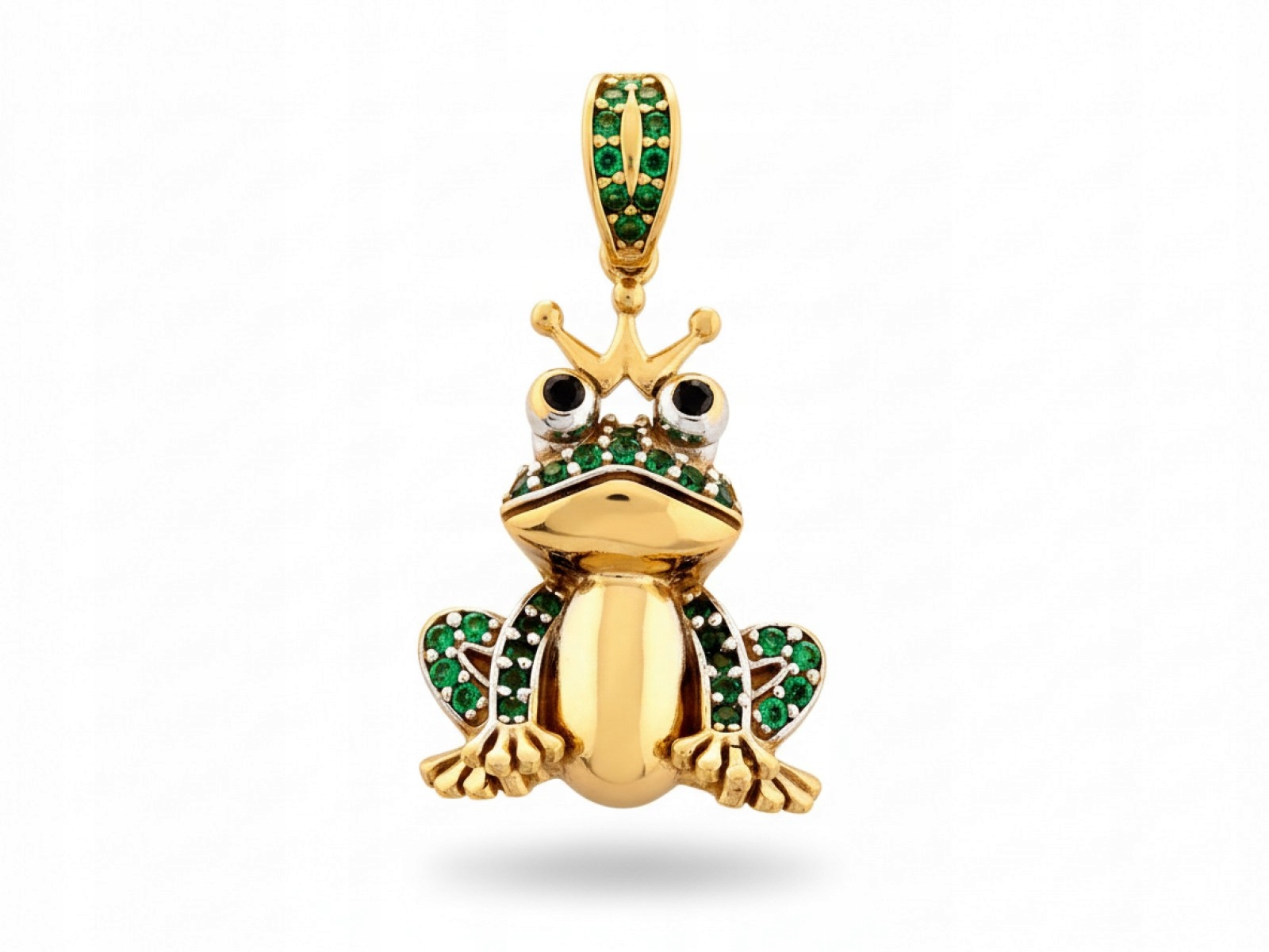 Zlatý přívěsek 585 žába s korunkou a zelenými kameny 2.47g zirkony 14k