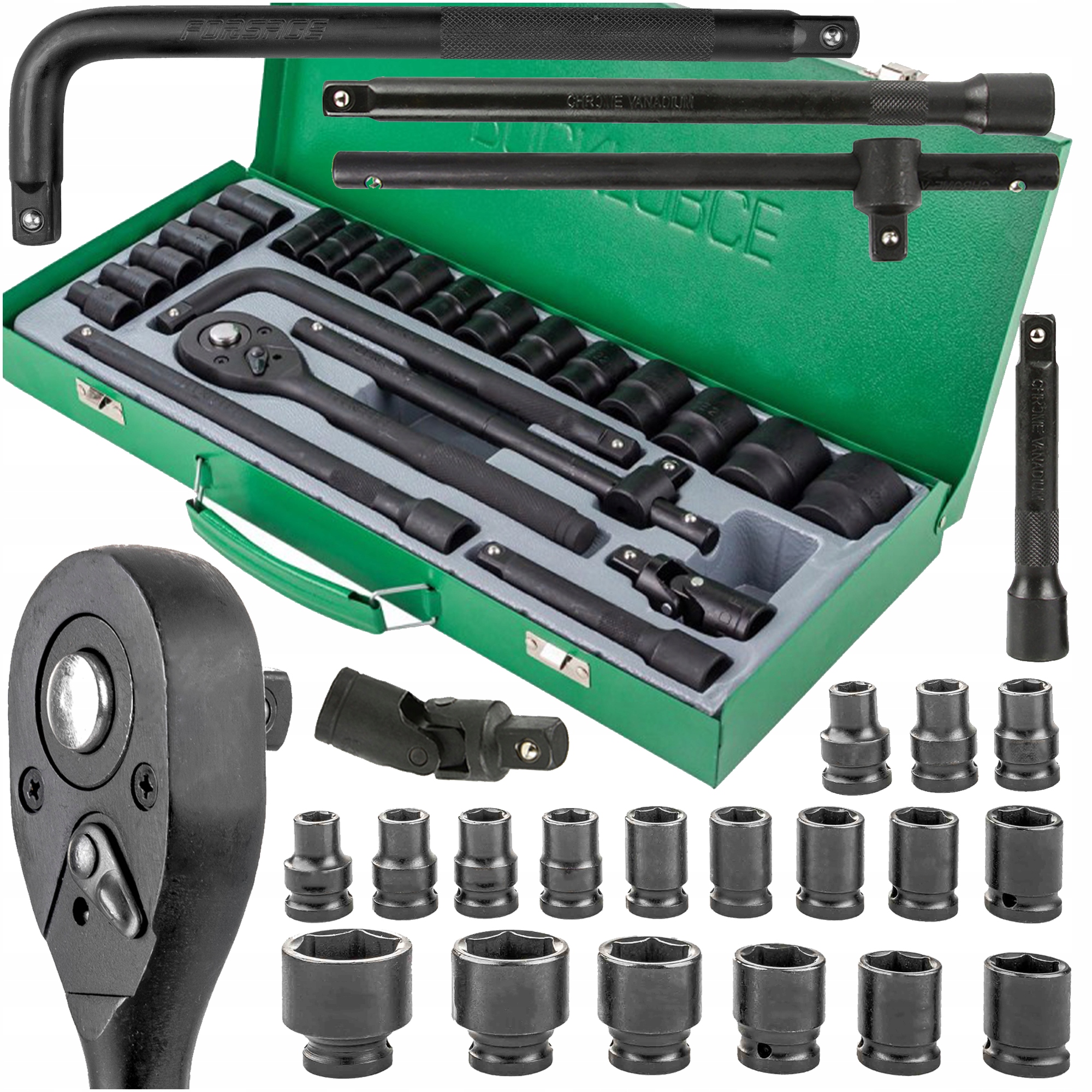 ZESTAW NARZĘDZI KLUCZE GRZECHOTKA NASADOWE NASADKI 1/2'' CR-V 24 ELEMENTY