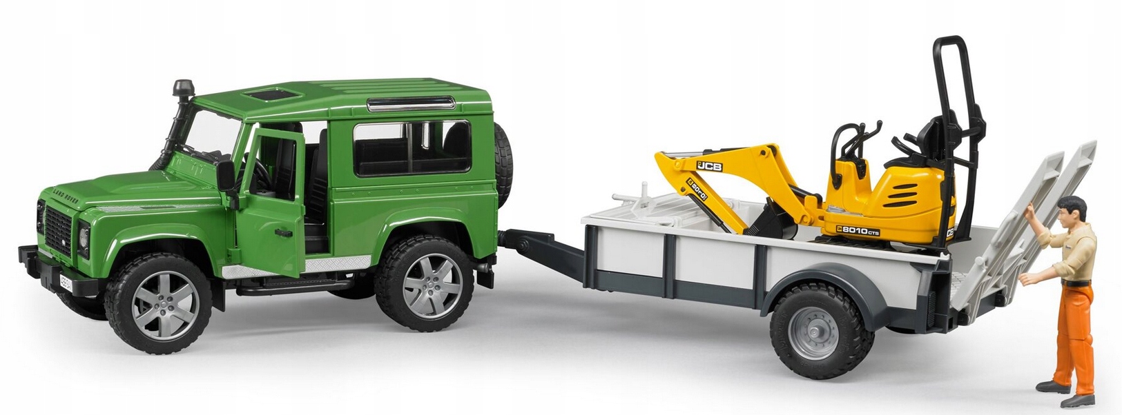 Bruder 02593 Land Rover Defender z lawetą i minikoparką Jcb